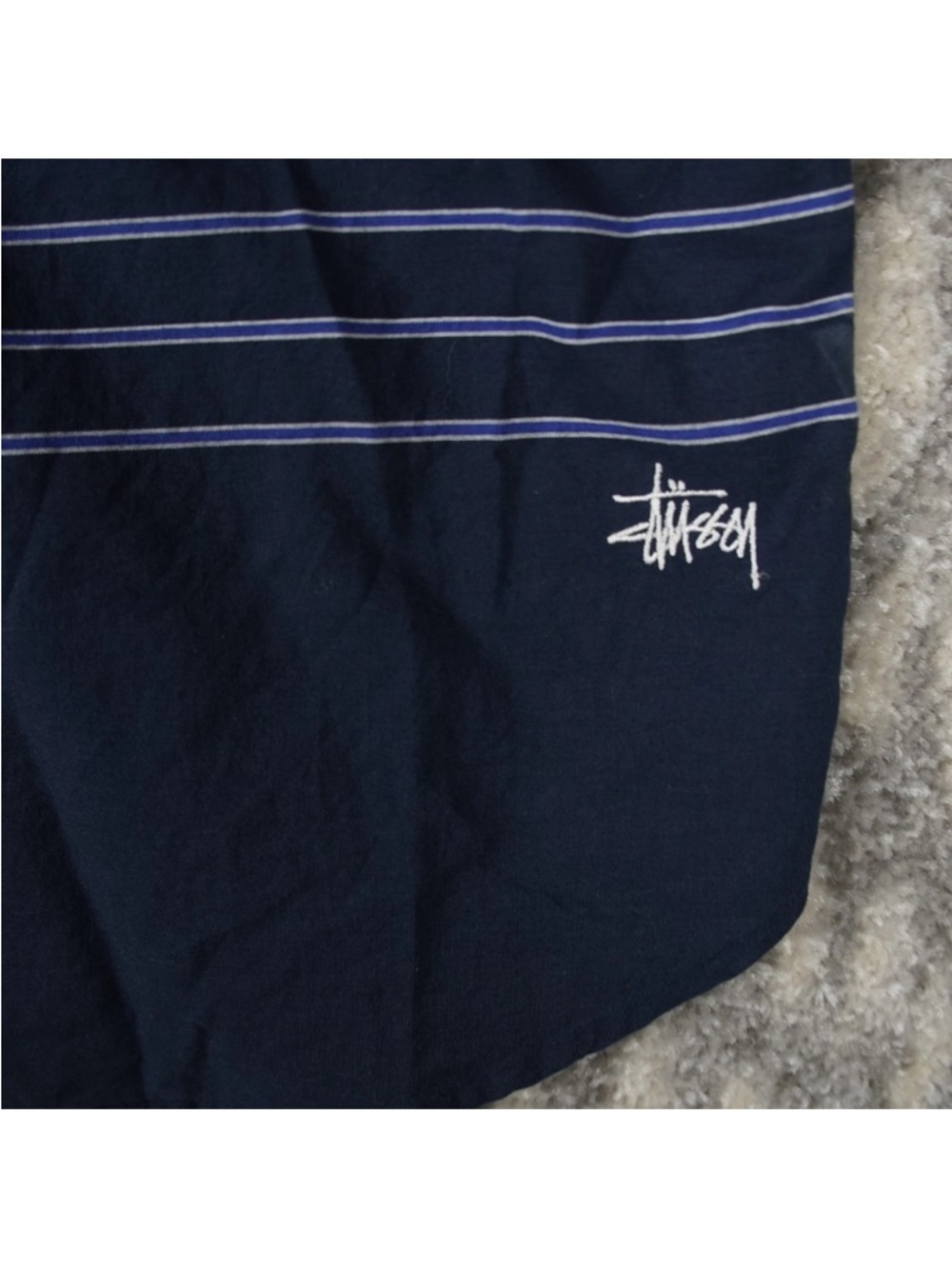 Stussy Short Sleeve Button Up Shirt Mens X-Large Navy Blue Striped Logo Street - Picture 5 of 13